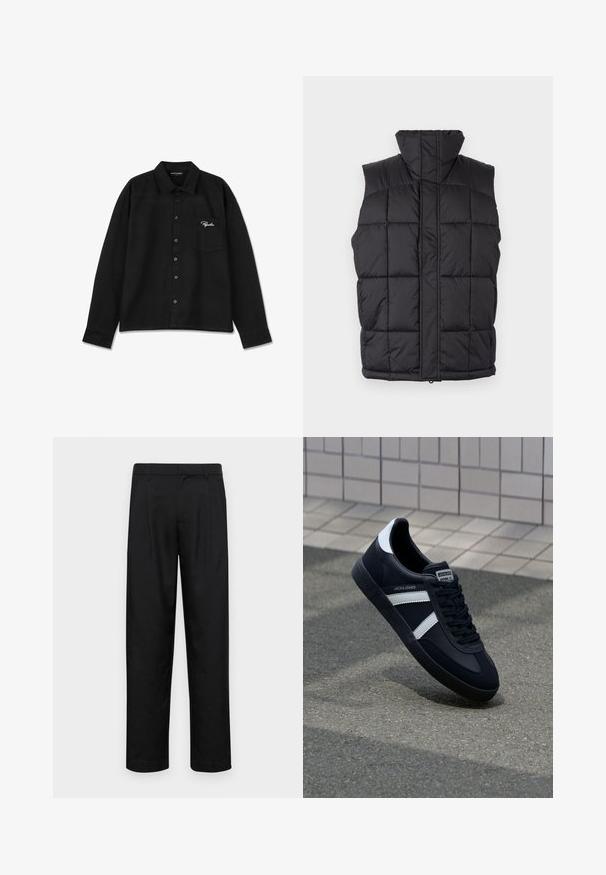 Gilet rembourré noir avec un col haut, texture matelassée et fermeture éclair à l'avant. Sans manches, comportant des lignes cousues horizontalement pour l'isolation.; Chemise noire à manches longues en tissu, dotée d'un col, d'une fermeture à boutons, d'une poche poitrine simple et d'un logo brodé en blanc sur la poche.; Pantalons noirs en tissu lisse, avec une coupe droite, deux plis avant et une taille standard avec passants de ceinture.; Sneaker en cuir noir avec des rayures blanches, semelle en caoutchouc texturée et devant à lacets. Présente une étiquette de marque sur la languette.