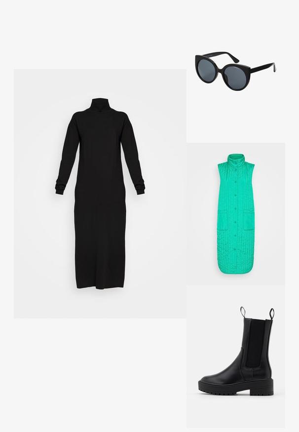 Freequent LAGO WAISTCOAT - Vest - pepper green; Must aga pikad varrukad, krae kohal, pehme kangast, kergelt vormitud, ulatub keskel põlve, ribakudumistega mansetid ja krae.; Mustad mustan värvi talvesaapad siledast nahast, elastsete külgpaneelide, tõmbenööride ja paksu, tekstureeritud taldaga, mis tagab parema haardumise.; Mustad ülemõõdulised prillid kassikujulise raamiga, tumedate toonidega läätsed ja läikiv plastikraam. Omab tugevaid templeid toetuseks.