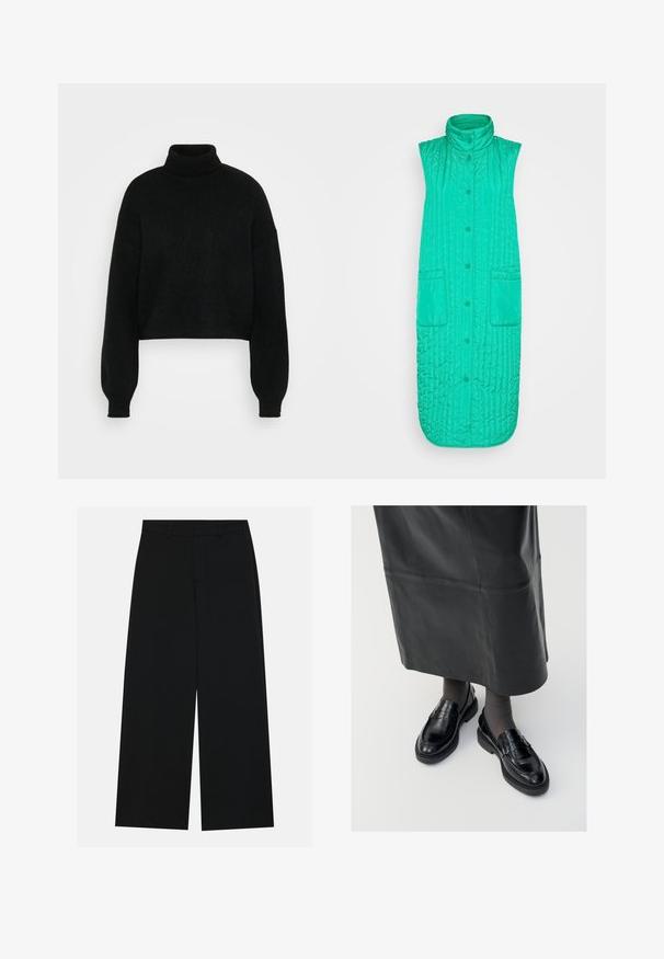 Freequent LAGO WAISTCOAT - Vesta - pepper green; Čierny skrátený sveter s vysokým rolákom, rebrovanou textúrou a širokými rukávmi. Vyrobený z mäkkého pleteného materiálu. Jednoduchý dizajn bez vzorov.; Pohodlné čierne nohavice s širokými nohavicami vyrobené z hladkého materiálu. Majú plochý pás s pútkami na opasok a žiadne viditeľné vrecká. Jednoduchý dizajn.; Čierne kožené poltopánky s hladkým povrchom, s dekoratívnym pásikom, okrúhlou špičkou a textúrovanou podrážkou. Nosené s dlhou čiernou koženou sukňou.