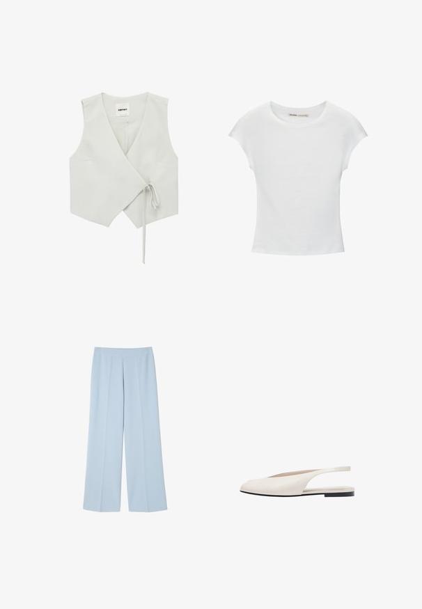 Gilet blanc sans manches à col en V avec fermeture latérale à nouer, en tissu lisse, posé à plat sur un fond blanc.; T-shirt en coton blanc avec manches courtes retroussées, encolure ronde et ourlet droit. Texture lisse sans motifs ni accents visibles.; Pantalons wide-leg bleu clair en tissu lisse ; dotés d'un devant plat avec des plis pour la structure et sans fermetures visibles.; Chaussure plate slingback couleur crème avec bout pointu et semelle noire, design minimaliste, vue de côté sur fond blanc.