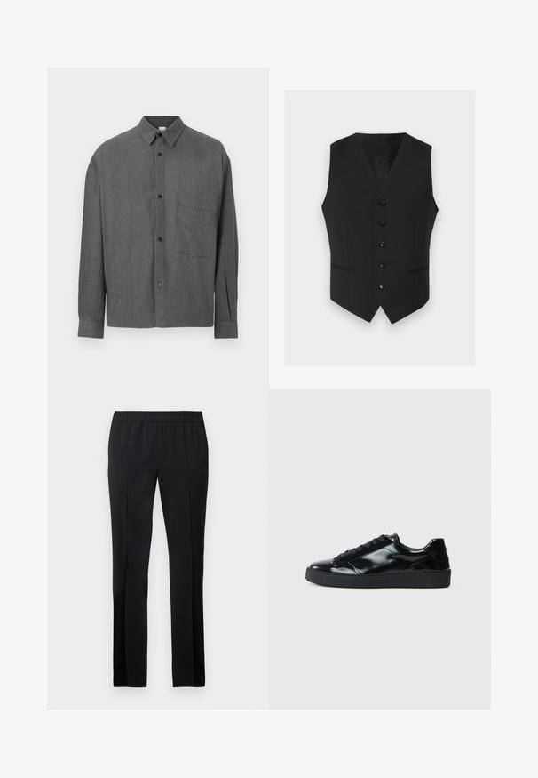 Gilet formel noir avec cinq boutons sur le devant et deux petites poches avant, sans manches avec un col en V.; Chemise à manches longues grise foncée à carreaux, boutonnée, avec col et poche poitrine sur fond uni.; Pantalon noir avec une taille élastique, jambes droites et une texture lisse. Présente des lignes épurées et ne comporte pas de poches visibles ni d'ornementations.; Baskets en cuir verni noir avec un bout arrondi, un laçage, une semelle en caoutchouc texturé et une finition lisse.