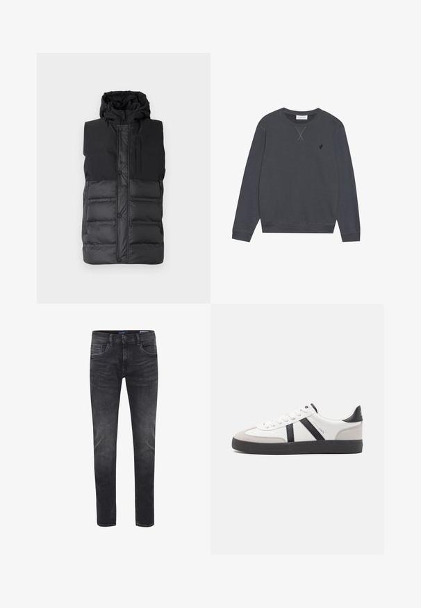 Sort ærmeløs puffervest med hætte, der har en glat øverste sektion, quiltet nederste sektion, frontlynlås og trykknapper.; Mørkegrå sweatshirt, lavet af bomuldsmateriale, rund hals, lange ærmer, med X-søm detalje ved halslinjen, lille logo på venstre bryst.; Smal pasform herre mørkegrå vaskede jeans med for- og baglommer, knaplukning og bæltestropper.; Hvide sneakers med sorte og grå detaljer, med en tekstureret grå tåhætte, sort gummisål og flade hvide snørebånd. Rent design, minimalistisk stil.