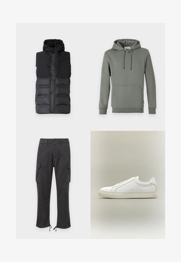 Gilet rembourré sans manches noir avec capuche, présentant une partie supérieure lisse, une partie inférieure matelassée, une fermeture éclair à l'avant et des boutons-pression.; Sweatshirt à capuche en vert atténué, fabriqué en tissu doux. Comprend une poche kangourou, des poignets côtelés et un cordon de serrage pour ajuster la capuche.; Pantalons cargo noirs avec deux poches latérales, des poignets ajustables avec cordon de serrage, une fermeture à bouton et une texture de tissu lisse et durable.; Baskets blanches basses à lacets sur l’avant et semelle épaisse, vues de côté sur un fond neutre.