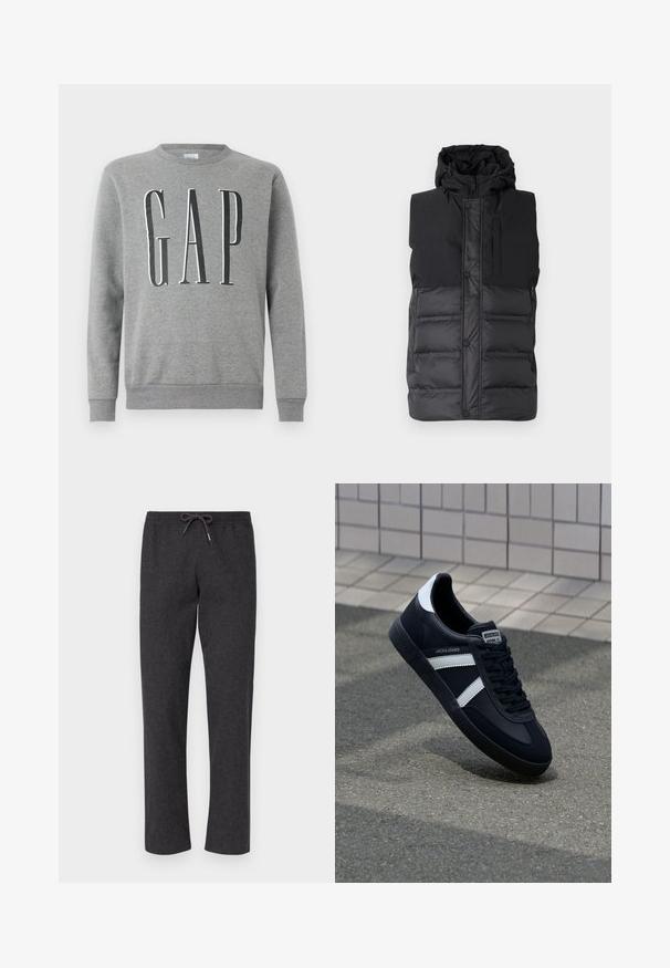Schwarze ärmellose Steppweste mit Kapuze, mit glattem oberen Teil, gestepptem unteren Teil, Frontreißverschluss und Druckknöpfen.; Grauer Sweatshirt mit Rundhalsausschnitt, gerippten Bündchen und Saum, mit dem Wort "GAP" in großer schwarzer Schrift auf der Vorderseite. Weicher Stoff.; Dunkelgraue, weiche Stoffhosen mit elastischem Bund und Kordelzug. Gerades Bein-Design, keine Taschen, glatte Textur und einfache Konstruktion.; Schwarze Leder-Sneaker mit weißen Streifen, strukturiertem Gummisohle und Schnürung. Verfügt über ein Markenetikett auf der Zunge.