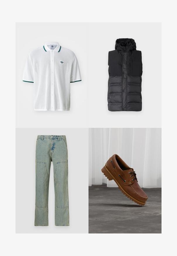 Schwarze ärmellose Steppweste mit Kapuze, mit glattem oberen Teil, gestepptem unteren Teil, Frontreißverschluss und Druckknöpfen.; Weißes Mesh-Poloshirt mit grünem Kragen und grünen Akzenten an den Ärmeln, mit kleinem grünem Logo auf der linken Brust und Knopfleiste vorne.; Hellblaue Jeans aus Denim mit lockerem Schnitt, versehen mit Patchwork-Details an den Vordertaschen und einer leicht verwaschenen Oberfläche.; Brauner Leder-Bootsschuh mit schwarzen Schnürsenkeln, beigen Nähten und einer robusten Sohle, schwebt über einem grauen Betonboden.