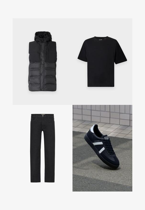 Schwarze ärmellose Steppweste mit Kapuze, mit glattem oberen Teil, gestepptem unteren Teil, Frontreißverschluss und Druckknöpfen.; Schwarzes T-Shirt mit kurzen Ärmeln und Rundhalsausschnitt, in lockerer Passform, auf einem weißen Hintergrund präsentiert.; Schwarze gerade Jeans aus Denim mit einem Knopfverschluss am Bund, fünf Taschen und einem minimalistischen Design ohne sichtbare Muster.; Schwarze Leder-Sneaker mit weißen Streifen, strukturiertem Gummisohle und Schnürung. Verfügt über ein Markenetikett auf der Zunge.