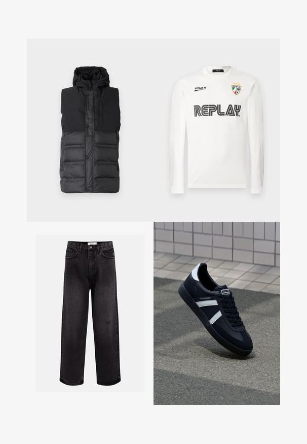 Sort ærmeløs puffervest med hætte, der har en glat øverste sektion, quiltet nederste sektion, frontlynlås og trykknapper.; Hvid langærmet skjorte med sort "REPLAY" tekst henover brystet, lille "REPLAY FC" tekst øverst til venstre, og et tri-farvet skjold emblem med tre stjerner øverst til højre.; Sorte denim jeans med bred benpasform, der har fem lommer, en syet talje og en diskret logodetalje nær knæet.; Sort lædersneaker med hvide striber, tekstureret gummisål og snørrebånd foran. Har et brandet mærke på tungen.