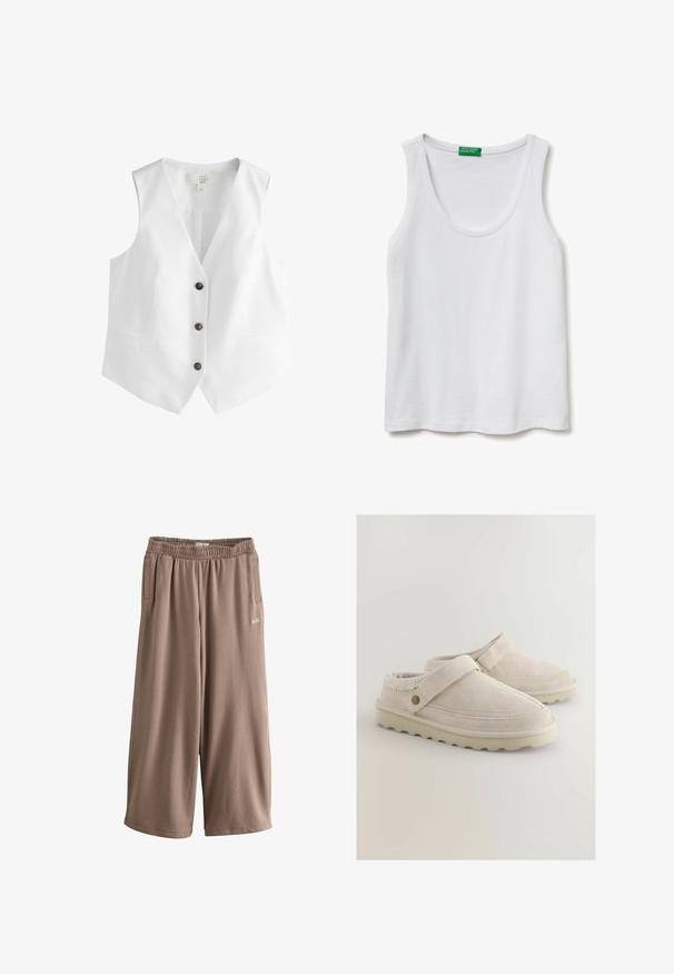 Gilet blanc en lin sans manches avec col en V et trois boutons foncés sur le devant, avec deux poches latérales.; Débardeur blanc sans manches avec encolure dégagée, fabriqué en tissu léger, comportant une étiquette verte "United Colors of Benetton" au col.; Pantalon de survêtement court à jambes larges couleur taupe, taille élastique, poches latérales, avec petit logo blanc "self." sur la cuisse gauche.; Chaussures plates en daim beige à enfiler, avec une semelle en caoutchouc plate, une large bride et des surpiqûres le long de la tige.