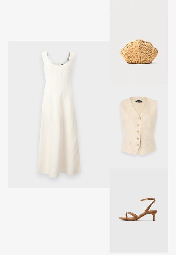 Veste sans manches en lin beige avec cinq boutons en bois sur le devant et deux petites poches avant, coupe ajustée avec col en V.; Robe sans manches blanche avec un décolleté arrondi, corsage ajusté et jupe fluide. Présente des coutures verticales et une fermeture éclair dissimulée au dos.; Sandale en cuir marron avec lanières, talon bas en forme de petit escarpin et bride à la cheville avec une petite boucle, vue de côté sur un fond uni.; Sac à main en rotin tissé en forme de coquille Saint-Jacques de couleur brun clair naturel avec des bords arrondis et texturés.
