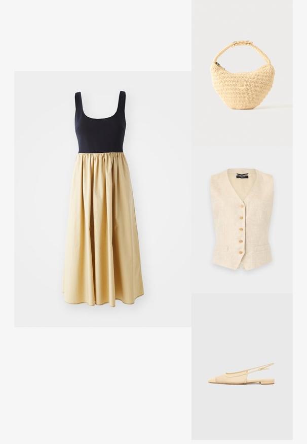 Beige linnen mouwloze vest met vijf houten knopen aan de voorkant en twee kleine voorzakken, getailleerde pasvorm met V-halskraag.; Mouwloze jurk met een strakke marineblauwe lijfje en een luchtige, gathered gele rok. Katoenmix stof, vloerlange, gladde textuur.; Slingback ballerina in lichtbeige met een mesh bovenwerk, spitse neus en een lage hak. Voorzien van een verstelbare band voor een goede pasvorm.; Beige geweven handtas met afgerond lichaam, ritssluiting en een korte, dikke band in een eenvoudige, gestructureerde haakstijl.