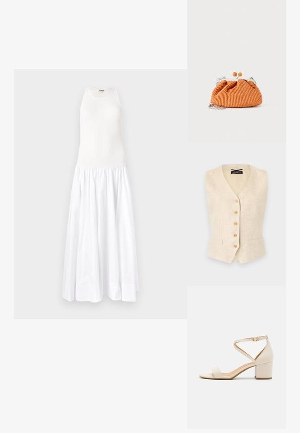 Veste sans manches en lin beige avec cinq boutons en bois sur le devant et deux petites poches avant, coupe ajustée avec col en V.; Robe maxi blanche avec un haut côtelé et une jupe fluide et froncée. Confectionnée en tissu léger, elle présente un design sans manches et un col rond.; Sandales à talon bloc beiges présentant un design minimaliste, bout ouvert et une sangle de cheville ajustable avec une boucle dorée. Texture lisse.; Petit sac pochette tissé orange avec cadre en métal argenté, fermoir rond et bandoulière chaîne argentée sur fond blanc.