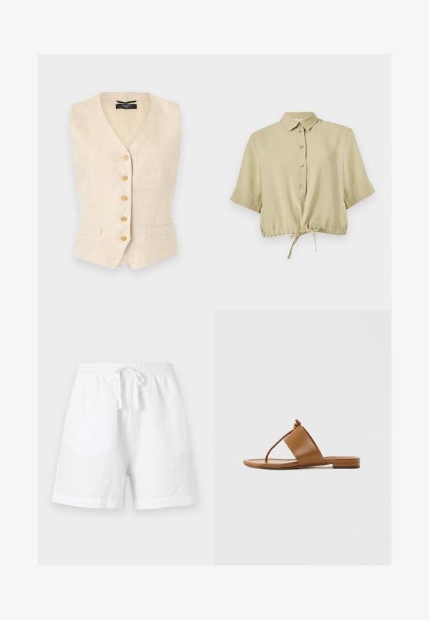Veste sans manches en lin beige avec cinq boutons en bois sur le devant et deux petites poches avant, coupe ajustée avec col en V.; Chemisier court beige à manches courtes, avec col, patte de boutonnage et lien réglable à l'ourlet, présenté sur fond blanc.; Shorts blancs décontractés avec taille élastique et lien de serrage à l'avant, conçus pour le confort avec une coupe décontractée.; Sandale plate marron avec une large bride et une fine lanière en forme de tongs ornée d'un nœud sur le dessus, sur fond gris clair uni.