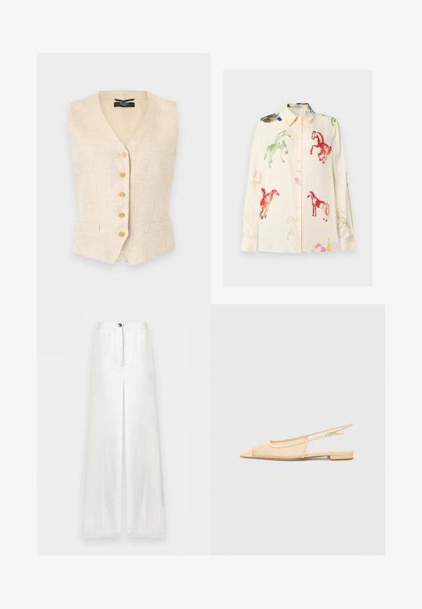 Veste sans manches en lin beige avec cinq boutons en bois sur le devant et deux petites poches avant, coupe ajustée avec col en V.; Chemise crème à manches longues avec des boutons, imprimée de chevaux à l’aquarelle multicolores en rouge, vert, rose et bleu.; Pantalon blanc taille haute à jambes larges avec fente avant, fermeture par bouton et un design épuré et minimaliste.; Chaussure plate slingback en beige clair avec une tige en maille, un bout pointu et un petit talon. Dotée d'une sangle ajustable pour un bon maintien.