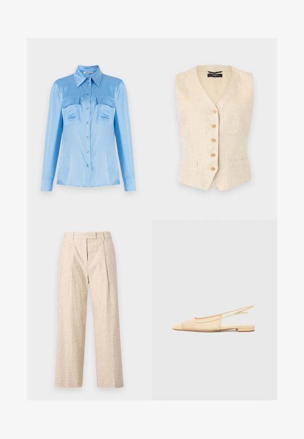 Chaleco sin mangas de lino beige con cinco botones de madera en la parte delantera y dos pequeños bolsillos delanteros, corte entallado con cuello en V.; Camisa satinada azul claro de botones, con mangas largas, dos bolsillos frontales y un cuello puntiagudo. Presenta botones perlados y una textura suave.; Pantalones beige de talle alto con sutil estampado animal, piernas rectas y anchas, pliegue frontal, trabillas para cinturón y cierre con botón.; Zapato plano tipo slingback en beige claro con parte superior de malla, punta afilada y tacón bajo. Cuenta con una correa ajustable para un mejor ajuste.