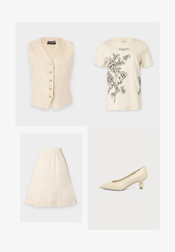 Veste sans manches en lin beige avec cinq boutons en bois sur le devant et deux petites poches avant, coupe ajustée avec col en V.; T-shirt crème à manches courtes avec dessins floraux noirs en ligne et texte "WEEKEND MaxMara" centré près de l'encolure.; Jupe midi couleur crème, coupe trapèze, taille élastique, panneaux à points d'œillet verticaux, et bordure en dentelle le long de l'ourlet.; Chaussure femme couleur crème à bout pointu avec un petit talon rond en forme de boule, sur fond uni.