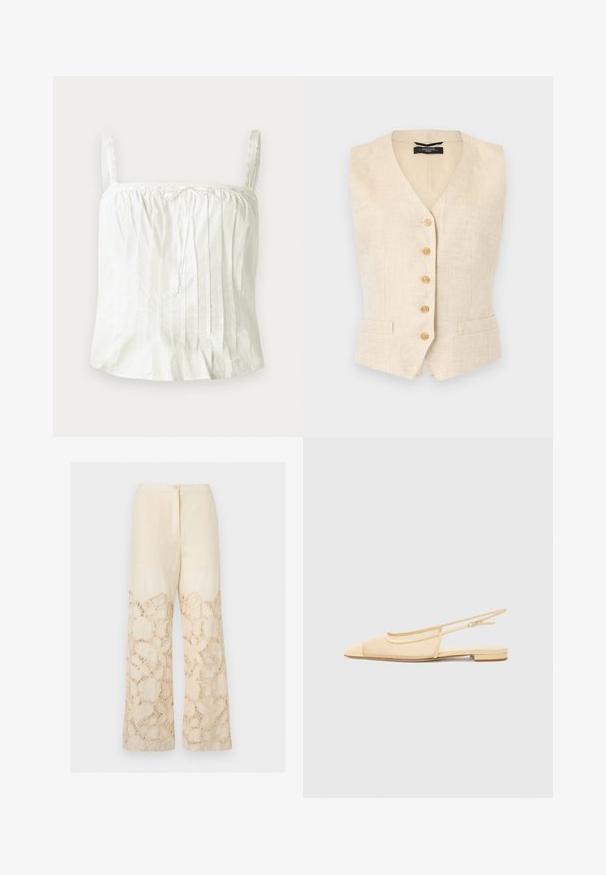 Beige linnen mouwloze vest met vijf houten knopen aan de voorkant en twee kleine voorzakken, getailleerde pasvorm met V-halskraag.; Witte mouwloze top met dunne bandjes, met geplooide textuur en kantaccenten langs de halslijn. Lichte katoenen stof.; Crèmekleurige broek met wijde pijpen en bloemenkantdetails van halverwege de dij tot aan de zoom, met een knoop- en ritssluiting aan de voorkant.; Slingback ballerina in lichtbeige met een mesh bovenwerk, spitse neus en een lage hak. Voorzien van een verstelbare band voor een goede pasvorm.