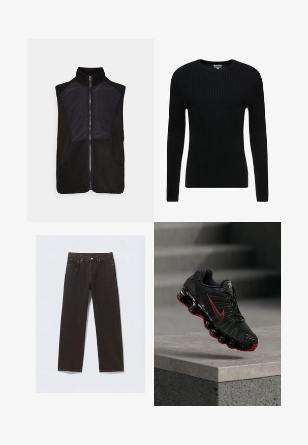 Sort fleece vest med høj krave, lynlås lukning og letvægts sorte stofpaneler på front og sider. To sidelommer inkluderet.; Sort ribbet langærmet sweater med rund hals; struktureret stof med lodrette linjer; tætsiddende silhuet; ingen synlige udsmykninger eller detaljer.; Svarte denimjeans med straight-leg design, fem lommer og kobberfarvet syning. Glat tekstur, klassisk knaplukning i taljen.; Sort og rød Nike atletiksko med synlig fjederlignende sål balancerende på kanten af et betontrin.