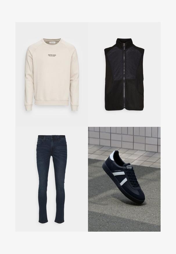 Gilet en polaire noir avec un col haut, une fermeture à glissière et des panneaux en tissu noir léger à l'avant et sur les côtés. Deux poches latérales incluses.; Sweatshirt de couleur crème avec des manches raglan, des poignets côtelés et un ourlet côtelé. Présente un logo en texte noir à l'avant. Tissu doux et texturé.; Jean en denim bleu foncé à coupe slim. Les caractéristiques incluent une fermeture à bouton, cinq poches et un léger effet de décoloration à l'avant.; Sneaker en cuir noir avec des rayures blanches, semelle en caoutchouc texturée et devant à lacets. Présente une étiquette de marque sur la languette.