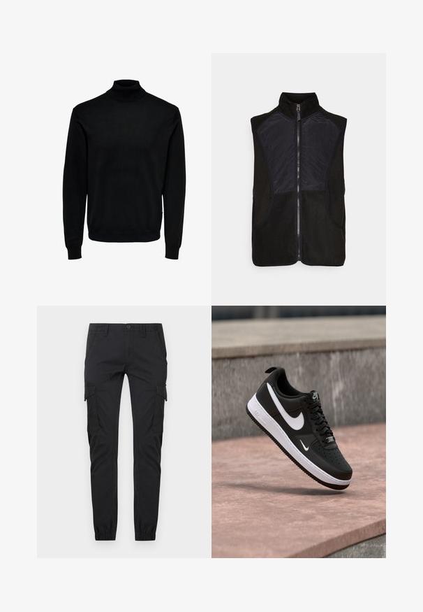 Gilet en polaire noir avec un col haut, une fermeture à glissière et des panneaux en tissu noir léger à l'avant et sur les côtés. Deux poches latérales incluses.; Pull à col roulé noir, fabriqué en tissu doux, avec des manches longues, des poignet et ourlet côtelés, un col ajusté et une texture lisse.; Pantalon cargo noir à coupe slim avec poches avant, poches à rabat latérales, passants de ceinture, fermeture par boutons et poignets élastiqués aux chevilles.; Baskets Nike Air Force 1 noir et blanc suspendues au-dessus d'une surface en béton rose avec un fond en pierre grise.