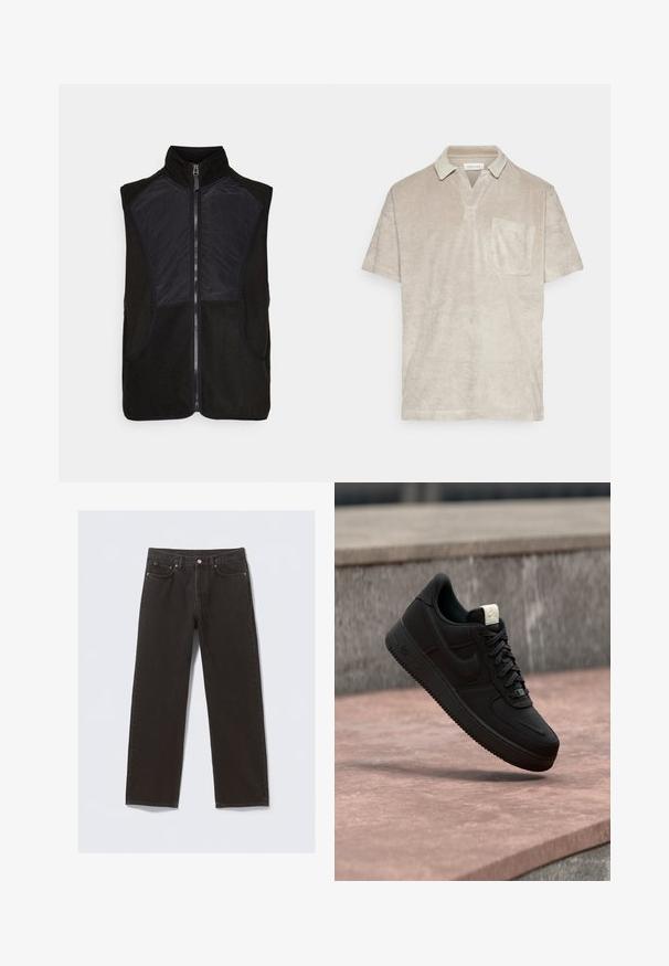 Sort fleece vest med høj krave, lynlås lukning og letvægts sorte stofpaneler på front og sider. To sidelommer inkluderet.; Beige kortærmet polo-shirt i blød, tekstureret stof med krave og en enkelt brystlomme.; Svarte denimjeans med straight-leg design, fem lommer og kobberfarvet syning. Glat tekstur, klassisk knaplukning i taljen.; Sort Nike Air Force 1 sneaker, der svæver over en lyserød betonforkant med en grå stenet baggrund, som viser sidde- og topdetaljer.