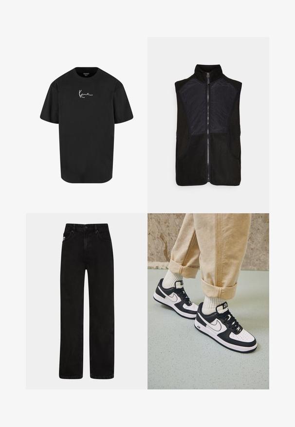 Schwarze Fleece-Weste mit hohem Kragen, Reißverschluss und leichten schwarzen Stoffpaneelen auf der Vorderseite und den Seiten. Zwei Seitentaschen sind enthalten.; Schwarzes Baumwoll-T-Shirt mit kurzen Ärmeln, Rundhalsausschnitt und einem weißen Signaturlogo, das auf der Vorderseite gedruckt ist. Glatte Textur und lässige Passform.; Schwarze Denim-Jeans mit geradem Schnitt, ausgestattet mit frontalen Taschen, einem Knopfverschluss und einem dezenten Logo-Patch am Bund.; Schwarz-weiße Nike Air Force 1 Sneaker mit einem Obermaterial aus Leder, perforierter Zehenpartie und strukturiertem Sohlendesign, getragen mit aufgerollten beigen Hosen und weißen Socken.