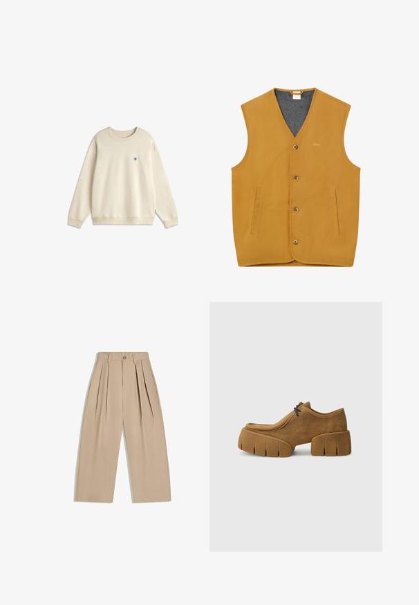 Gilet sans manches jaune moutarde avec boutons sur le devant, deux poches fendues verticales et une doublure intérieure grise, taille XL.; Sweat-shirt beige à manches longues et col rond avec poignets et ourlet côtelés, présentant un petit logo circulaire bleu sur la poitrine gauche.; Pantalon beige taille haute à jambes larges avec plis, passants pour ceinture et fermeture à bouton à l'avant.; Chaussure en daim marron avec une semelle en caoutchouc épaisse, un bout arrondi et une semelle extérieure rainurée épaisse. Présente un design minimaliste avec des lacets subtils.