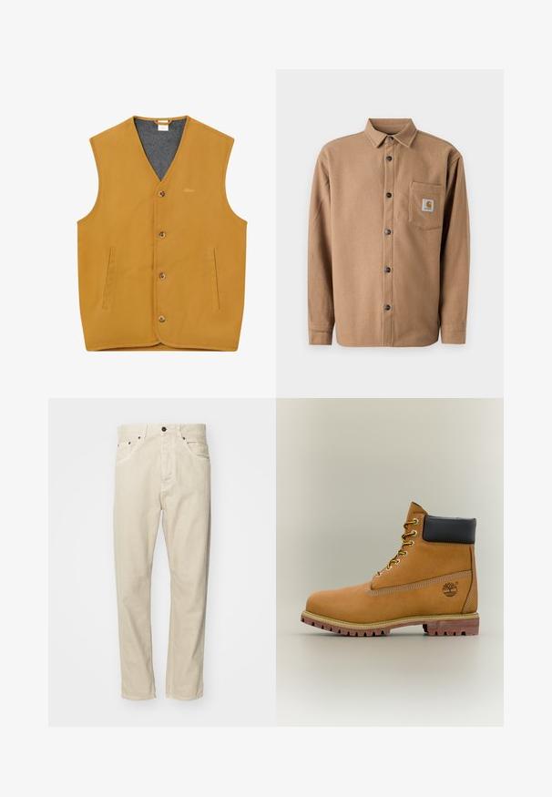 Ærmeløs vest i sennepsgul med frontknapper, to lodrette slidslommer og en grå inderside, størrelse XL.; Brun flannel skjorte med knapper, lange ærmer, enkelt brystlomme med logopatch og sorte knapper. Blød tekstur.; Beige, bomuldsbukser med lige pasform, fem lommer og metalhardware detaljer. Glat tekstur med minimale syninger.; Brun læderankelstøvle med sort krave, gule snørebånd og tanfarvet sål. Har logo og hvide syninger som detalje. Robust ydersål med greb.