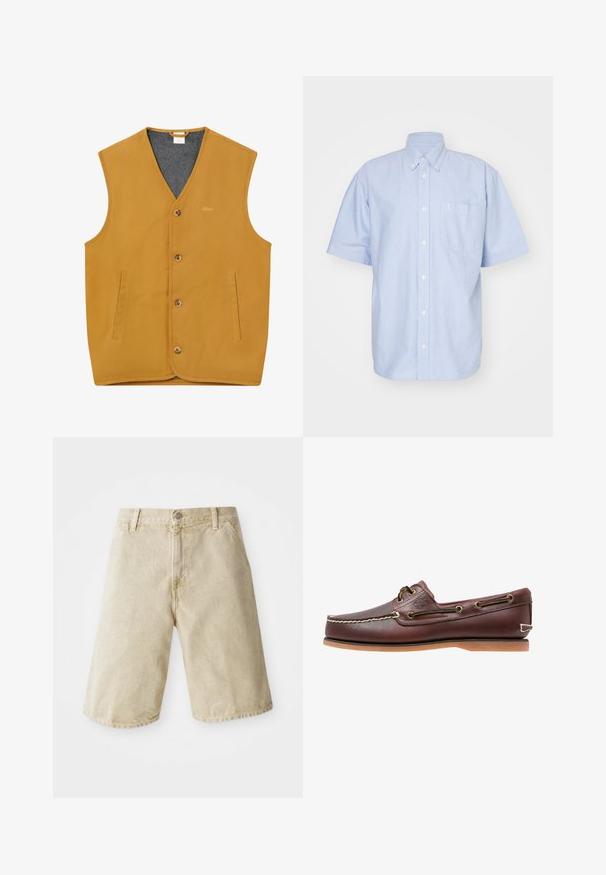 Gilet sans manches jaune moutarde avec boutons sur le devant, deux poches fendues verticales et une doublure intérieure grise, taille XL.; Chemise à manches courtes bleu clair en tissu coton. Dotée d'un col et d'une poche avant. Design simple et uni.; Shorts en denim beige avec une coupe droite, cinq poches, fermeture à bouton et zip à l'avant, et un léger délavage sur le tissu.; Chaussure bateau en cuir marron avec coutures blanches, détails de lacets et semelle en caoutchouc beige, vue de côté sur fond blanc.