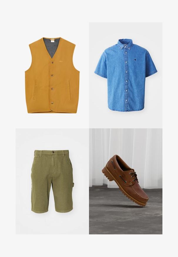 Ärmellose senfgelbe Weste mit vorderen Knöpfen, zwei vertikalen Schlitztaschen und einem grauen Innenfutter, Größe XL.; Kurze Ärmel Denim-Hemd in Hellblau mit button-down Kragen, versehen mit einem Brustlogo und auffälligen Nähten.; Olivgrüne Baumwoll-Cargo-Shorts mit Knopfverschluss, Gürtelschlaufen, seitlichen Taschen und einer leicht strukturierten Stoffoberfläche.; Brauner Leder-Bootsschuh mit schwarzen Schnürsenkeln, beigen Nähten und einer robusten Sohle, schwebt über einem grauen Betonboden.