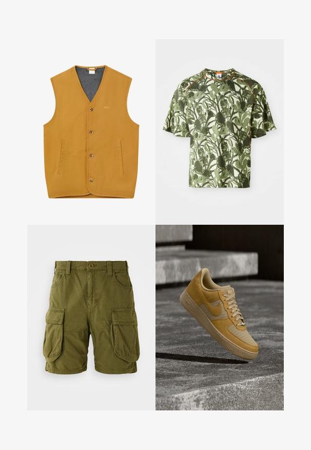 Chaleco sin mangas color mostaza con botones frontales, dos bolsillos verticales con abertura y un forro interior gris, tamaño XL.; Camiseta de manga corta verde con un patrón de hojas texturizado, con un acento naranja en el cuello y un corte relajado. Fabricada con un material transpirable.; Pantalones cortos cargo color verde oliva, confeccionados en una mezcla de algodón. Cuentan con dos grandes bolsillos laterales y un cierre de botón con trabillas para cinturón. Textura suave.; Zapatilla Nike Air Force 1 en tonos beige y bronceado flotando sobre una superficie de hormigón con escalones de piedra al fondo.