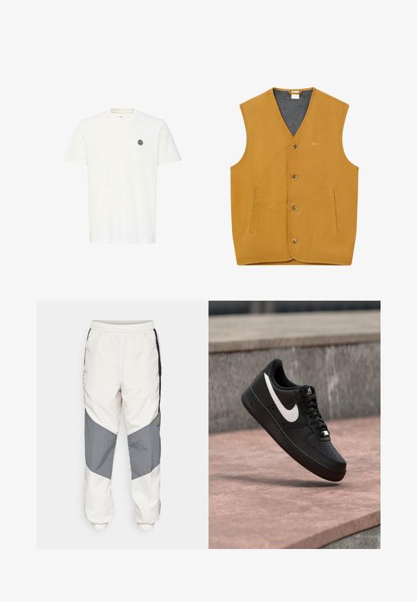 Chaleco sin mangas color mostaza con botones frontales, dos bolsillos verticales con abertura y un forro interior gris, tamaño XL.; Camiseta de algodón blanca de manga corta, con un pequeño logo geométrico negro en el lado izquierdo del pecho. Corte recto y escote redondo.; Nike Sportswear AIR - Pantalones deportivos - orewood/iron grey/black; Zapatilla Nike Air Force 1 negra con el logo de la marca en blanco, flotando sobre una superficie de piedra y un fondo de pared gris texturizada.