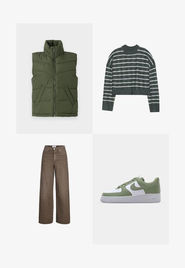 Olívazöld, bélelt mellény magas gallérral, elülső cipzárral és oldalzsebekkel. A gyémánt alakú steppelt minta textúrát és szerkezetet ad.; Even&Odd by Zalando Pulóver - light green/white; Barna, magas derekú, bőszárú farmer elől gombos és cipzáras záródással, elülső és hátsó zsebekkel, valamint övbújtatókkal.; Zöld és fehér bőrből készült Nike Air Force 1 sportcipők. Alacsony felsőrész, kerek orr, textúrázott gumitalp és kiemelkedő swoosh logó részlet.