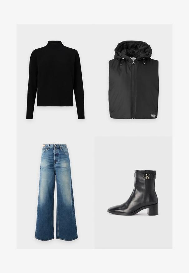 Schwarze gesteppte Weste mit Kapuze, ausgestattet mit einem Frontreißverschluss, Kordelzugsdetails und einem Logopatch unten rechts. Glatte Stoffstruktur.; JDY Knitted JDYPRIME Knitted - Strickpullover - black; Weite, blaue Denim-Jeans mit einem ausgewaschenen Finish, hoher Taille und klassischem Fünf-Taschen-Design. Enthält Kupferbeschläge und ausgefranste Säume.; Schwarze Leder-Ankle Boots mit spitzem Zehenbereich, Blockabsatz und einem Riemen mit einem metallischen Logodetail. Glatte Textur und minimales Design.