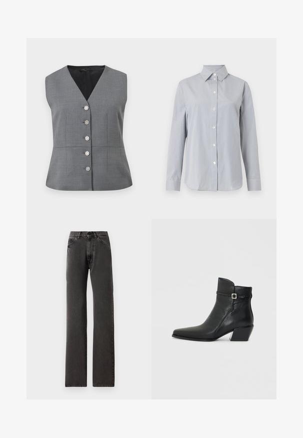 Gilet gris sans manches, ajusté, avec encolure en V et cinq boutons décoratifs argentés sur le devant, présentant une taille cintrée et une texture de tissu lisse.; Chemise gris clair à manches longues avec fines rayures blanches verticales, fermeture boutonnée à l'avant, col pointu et poignets assortis sur fond uni.; Jean noir à jambe droite avec poches avant, passants de ceinture, fermeture à bouton et coutures visibles sur un fond blanc.; Bottines en cuir noir avec un bout pointu, un petit talon carré et une sangle décorative avec une boucle en argent. Texture lisse.