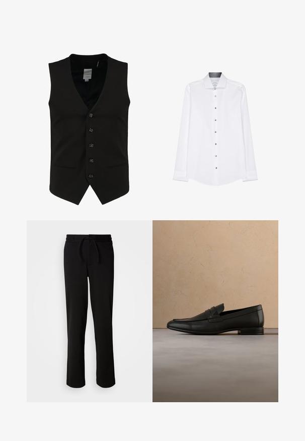 Gilet formel noir avec un col en V, six boutons à l'avant et deux poches latérales. Fabriqué en tissu lisse avec une coupe ajustée et sans motifs visibles.; Chemise habillée pour hommes à manches longues blanches avec col à pointes étalées et boutons visibles sur le devant, posée à plat sur un fond blanc.; Pantalons de survêtement noirs avec une taille élastique à cordon, fabriqués à partir d'un tissu doux et extensible. Présente une coupe décontractée avec des jambes droites et sans poches visibles.; Mocassin en cuir noir flottant au-dessus d'un tapis beige avec un canapé beige dans un intérieur minimaliste.
