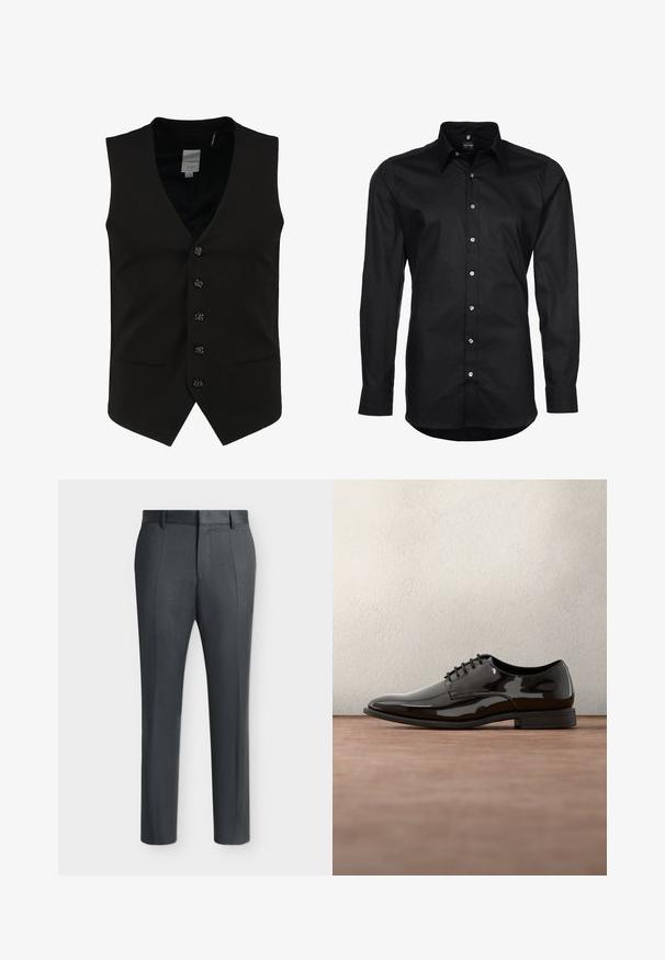 Gilet formel noir avec un col en V, six boutons à l'avant et deux poches latérales. Fabriqué en tissu lisse avec une coupe ajustée et sans motifs visibles.; Chemise noire à manches longues en tissu lisse, avec un devant à boutons, un col pointu et des boutons en argent.; Pantalon formel gris foncé avec passants de ceinture et plis, affiché sur un fond clair uni.; Chaussure de dress en cuir verni noir avec un bout arrondi, un design à lacets et une surface lisse et brillante. Dispose d'une semelle en caoutchouc discrète.