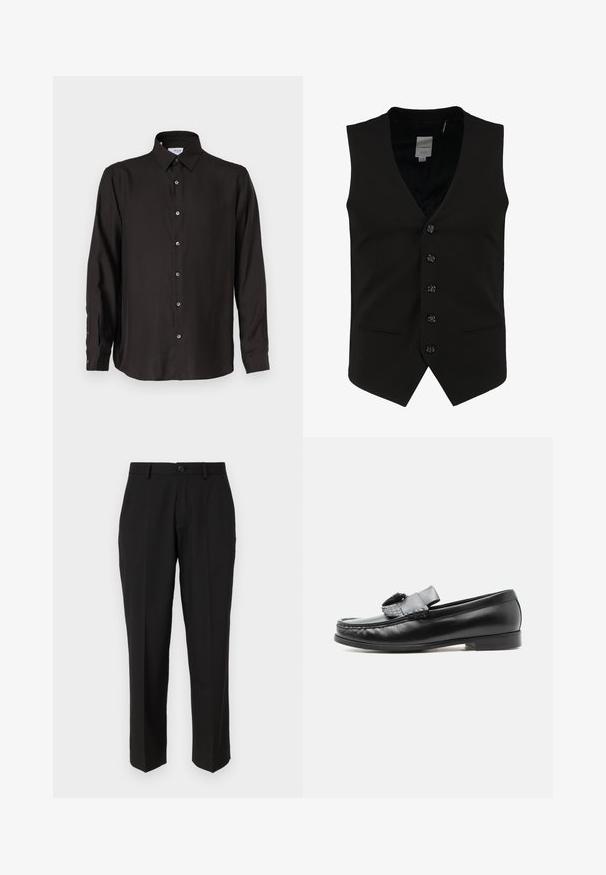 Chaleco formal negro con escote en V, seis botones delanteros y dos bolsillos laterales. Hecho de una tela suave con un corte ajustado y sin patrones visibles.; Camisa negra de manga larga hecha de una tela suave, con un cierre frontal de botones, collar puntiagudo y dobladillo redondeado con botones en contraste.; Pantalones negros de tela suave, con un diseño de pierna recta, bolsillos delanteros, un cierre de botón y sin patrones visibles.; Mocasín de cuero negro con detalle de borla, tacón bajo y puntera redondeada, mostrado de perfil sobre un fondo claro y liso.