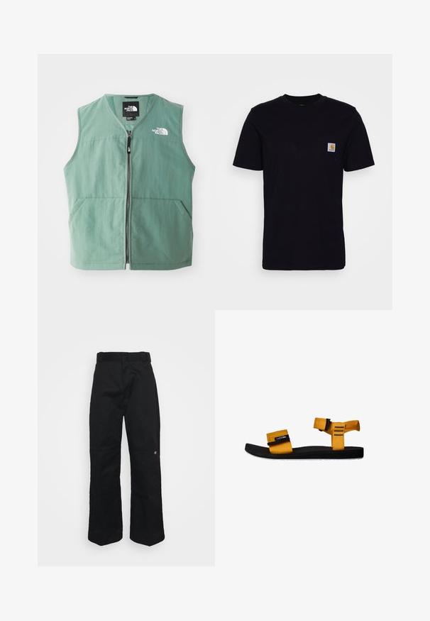 Grøn ærmeløs vest med lynlås foran, to forlommer og et logo på venstre bryst. Fremstillet af letvægtsstof med mat finish.; Sort bomulds T-shirt med korte ærmer, rund hals og en brystlomme, der har et lille, kvadratisk logo-patch. Enkel, ensfarvet design.; Sorte bukser lavet af robust stof, med lige ben, bæltestropper og en lille logo på den nederste side.; Gul stof sandal med to justerbare remme, sort gummisål, struktureret fodseng og hvid detalje på sålen. Sidevinkel.
