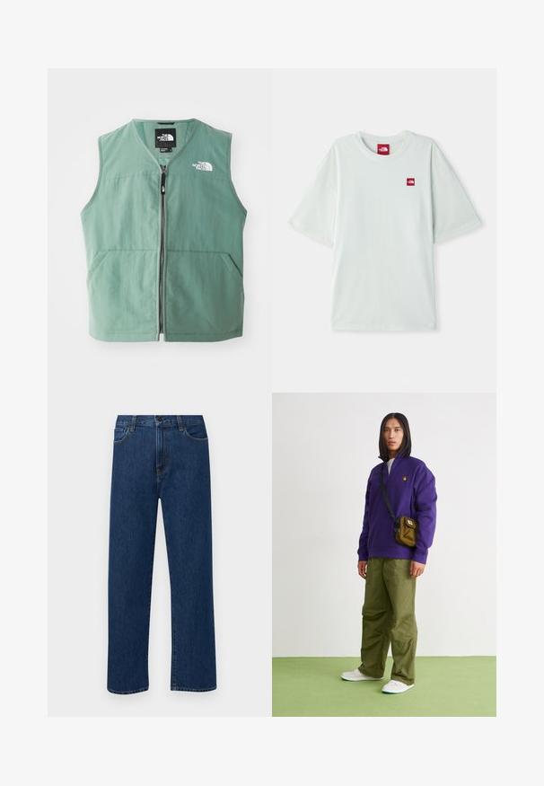 Grøn ærmeløs vest med lynlås foran, to forlommer og et logo på venstre bryst. Fremstillet af letvægtsstof med mat finish.; Lysegrøn kortærmet t-shirt lavet af blød bomuld, med et lille rødt logo på venstre brystområde. Løs pasform og rund halsudskæring.; Mørkeblå straight-leg denim jeans med forhåndslommer og knaplukning, vist på en ensfarvet hvid baggrund.; Jordan AIR JORDAN 1 ZM CMFT 2 - Sneakers high - summit white/bicoastal/oxidized green