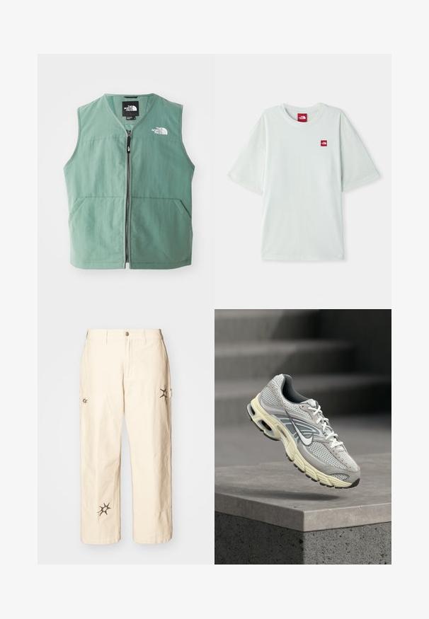 Gilet sans manches vert avec fermeture éclair sur le devant, deux poches avant et un logo sur la poitrine gauche. Fabriqué en tissu léger avec une finition mate.; T-shirt à manches courtes vert clair en coton doux, arborant une petite étiquette logo rouge sur la zone gauche de la poitrine. Coupe décontractée et col rond.; Obey Clothing BIG TIMER CARPENTER - Pantalon cargo - clay; Chaussure de course Nike grise et blanche avec semelle rembourrée, en suspension au-dessus d'une marche en béton dans un environnement extérieur.