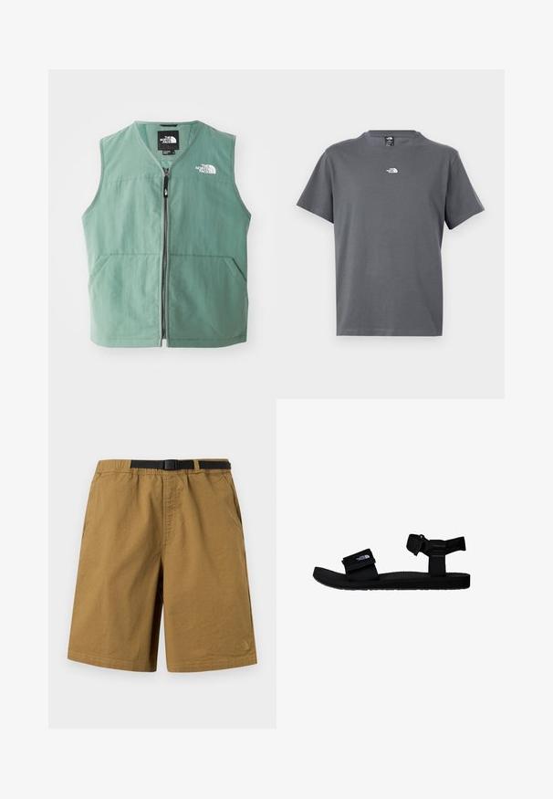 Grøn ærmeløs vest med lynlås foran, to forlommer og et logo på venstre bryst. Fremstillet af letvægtsstof med mat finish.; Grå T-shirt med korte ærmer og rund hals med lille hvid The North Face-logo centreret på brystet.; Brune casual shorts med sort justerbart spænde, sidelommer og diskret logo på den nederste venstre ben mod en ensfarvet baggrund.; Sorte sandaler med justerbare stofremme, tekstureret gummisål og et logo-patch. Designet til komfort og udendørs brug.