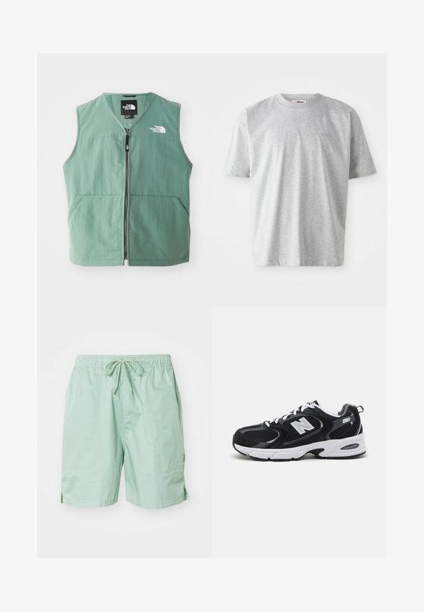 Gilet sans manches vert avec fermeture éclair sur le devant, deux poches avant et un logo sur la poitrine gauche. Fabriqué en tissu léger avec une finition mate.; T-shirt gris à manches courtes en tissu doux. Il présente un col rond et un logo subtil brodé sur le devant.; Shorts de bain verts clairs en tissu lisse, dotés d'une taille élastique avec cordon de serrage, de poches latérales et d'une longueur courte.; Baskets de sport noires et grises avec un tige en mesh et en suède, présentant une semelle intermédiaire blanche, des lacets et un logo "N" audacieux sur le côté.