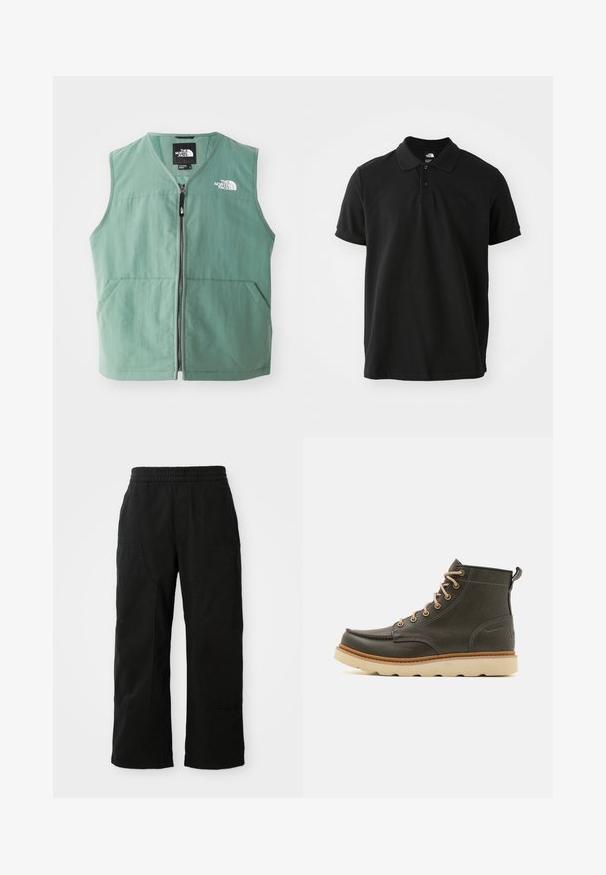 Grøn ærmeløs vest med lynlås foran, to forlommer og et logo på venstre bryst. Fremstillet af letvægtsstof med mat finish.; Sort polo-shirt lavet af bomuld, med en klassisk krave, korte ærmer og et diskret, mørkt logo på brystet. Glat tekstur.; Sorte bomuldsbukser med elastisk talje, vid bendesign og store sidelommer. Stoffet virker blødt med en glat tekstur.; Mørkegrønne læder ankelstøvler med beige snørebånd, polstret krave og tekstureret gummisål. Har vandtætte markeringer og syninger.