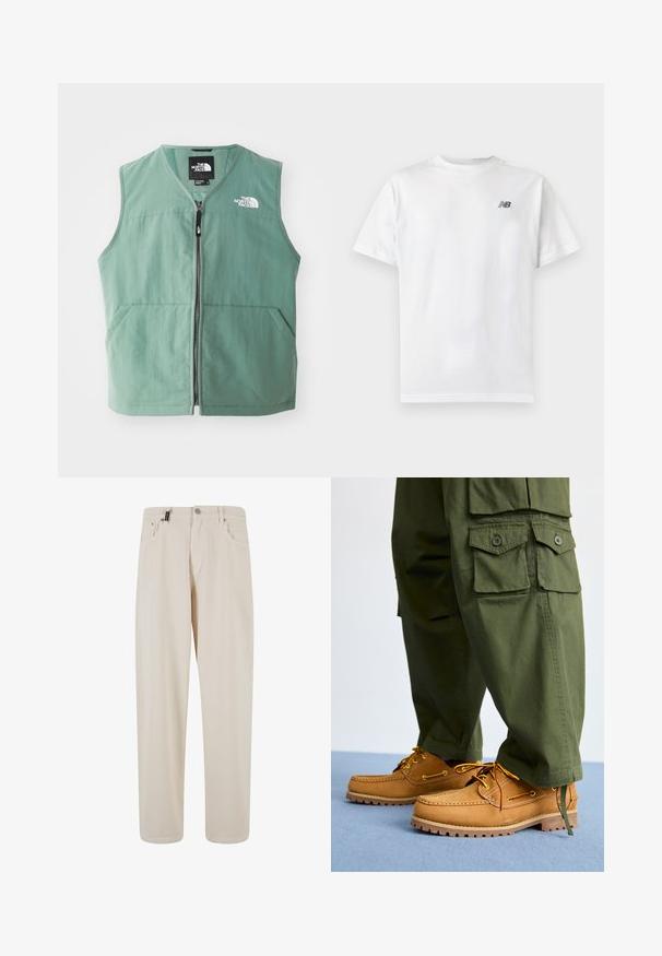 Grøn ærmeløs vest med lynlås foran, to forlommer og et logo på venstre bryst. Fremstillet af letvægtsstof med mat finish.; Hvid t-shirt med korte ærmer og rund halsudskæring med et lille sort New Balance-logo på øverste venstre bryst på en ensartet lys baggrund.; Beige bomuldsbukser med lige ben, der har forlommer og knaplukning. Glat tekstur med minimal detaljering.; Timberland AUTHENTIC 3 EYE - Sejlersko - wheat