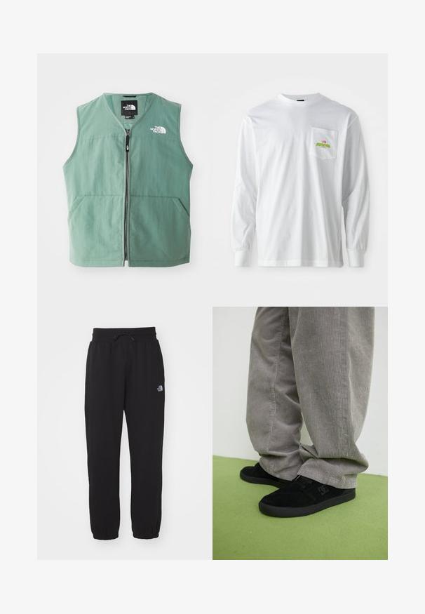 Chaleco sin mangas verde con cierre frontal, dos bolsillos delanteros y un logotipo en el lado izquierdo del pecho. Fabricado con una tela ligera con acabado mate.; Camisa de manga larga blanca con cuello redondo, con un bolsillo en el pecho que presenta un pequeño logo bordado colorido y texto.; Pantalones de chándal negros de tela suave, con cinturilla elástica y cordón, tobillos ajustados y un pequeño logo en el muslo superior.; Zapatillas de skate de ante negro con un acabado texturizado y un logo, combinadas con pantalones de pana gris con una textura acanalada. Superficie del suelo en verde.