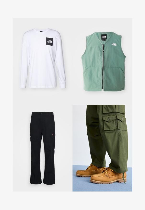 Grøn ærmeløs vest med lynlås foran, to forlommer og et logo på venstre bryst. Fremstillet af letvægtsstof med mat finish.; Hvid langærmet t-shirt med sort firkantet logo, der står "The North Face" på venstre overarm.; Sorte cargo bukser med lige ben-design, fremstillet af slidstærkt stof, med sidelommer og et patch-logo på venstre side.; Timberland AUTHENTIC 3 EYE - Sejlersko - wheat