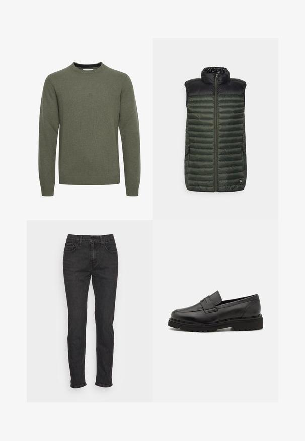 Chaleco acolchado con una sección superior negra y un cuerpo acolchado de color verde oscuro. Presenta una cremallera frontal y bolsillos laterales. Material texturizado y ligero.; Jersey de punto verde oliva de manga larga con cuello redondo, puños y bajo acanalados, mostrado sobre fondo blanco.; Vaqueros de mezclilla negra con un corte ajustado, que cuentan con cinco bolsillos, trabillas para cinturón y detalles de costura sutiles. Textura desgastada a lo largo de la tela.; Mocasín de cuero negro con punta redonda, detalles de costura y suela gruesa y texturizada. Presenta un diseño elegante y minimalista.