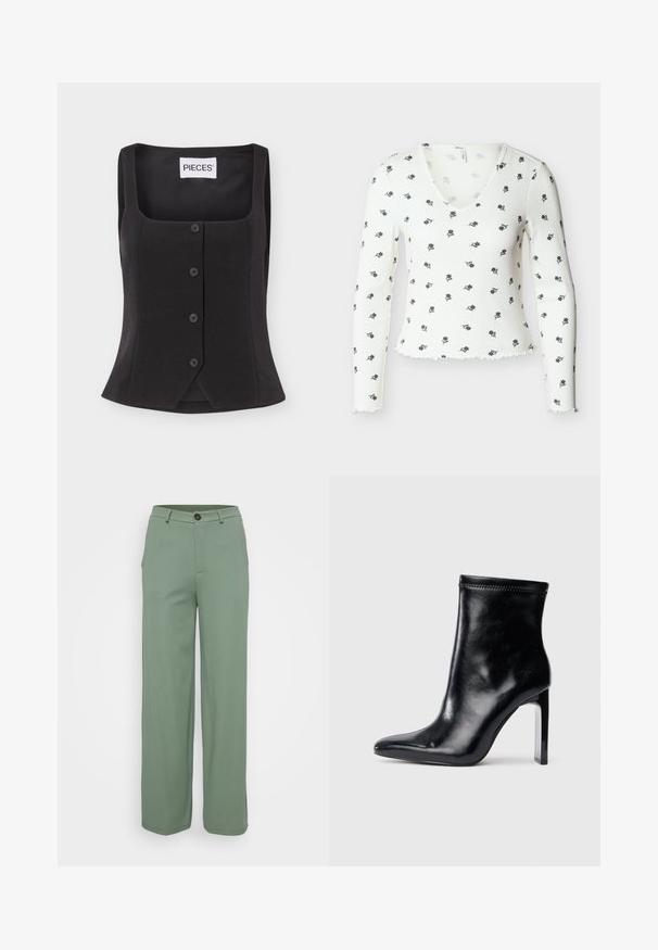 Top corsé negro sin mangas con botones, escote cuadrado y etiqueta de marca "PIECES" en el interior del cuello.; Top blanco de manga larga con costillas, cuello en V y pequeños estampados florales negros, con bordes ondulados en las mangas y el bajo.; Pantalones de pierna ancha en una tela verde claro con una textura suave. Presenta un cierre de botón en la parte delantera y dos bolsillos laterales.; Botín de cuero negro hasta el tobillo con punta afilada y tacón transparente alto. Textura suave y detalles mínimos de costura en la parte superior.