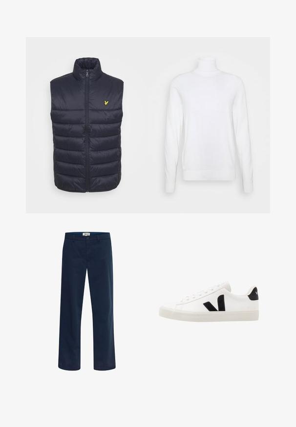 Chaleco acolchado azul marino con un cuello alto, cremallera delantera y costuras horizontales. Presenta un pequeño logo amarillo en la parte izquierda del pecho.; Suéter blanco de cuello alto y mangas largas, hecho de una tela suave. Presenta un diseño ajustado y puños y dobladillo acanalados. Sin patrones ni acentos.; Pantalones azul marino de pierna recta con cierre de botón y cremallera, trabillas para cinturón y bolsillos delanteros, mostrados sobre un fondo blanco.; Zapatilla de cuero blanca con acentos de ante negro; presenta una suela de goma, puntera redonda y un diseño clásico de cordones. Logo lateral en negro.