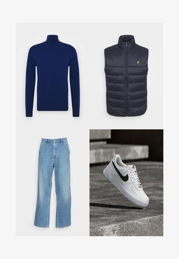 Gilet matelassé navy avec col haut, fermeture éclair à l'avant et coutures horizontales. Présente un petit logo jaune sur la zone de la poitrine gauche.; Pull en col roulé bleu marine en tissu tricoté lisse. Manches longues et design ajusté avec des accents côtelés au col et à l'ourlet.; Jean large en denim bleu clair. Dispose d'une taille haute, d'une fermeture à bouton et d'un design classique à cinq poches. Texture lisse.; Baskets blanches Nike Air Force 1 avec le swoosh noir, lacets attachés, en suspension dans les airs au-dessus d'une surface en béton texturé en extérieur.
